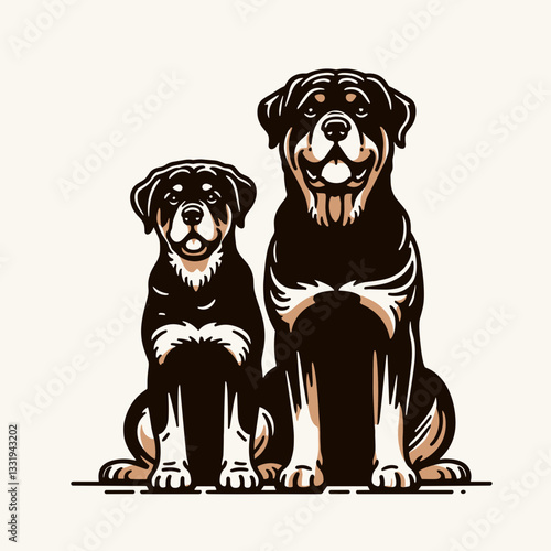 Rottweiler Dog Couple sitting in silence minimalist vector drawing depicts loyal love a steadfast bond
