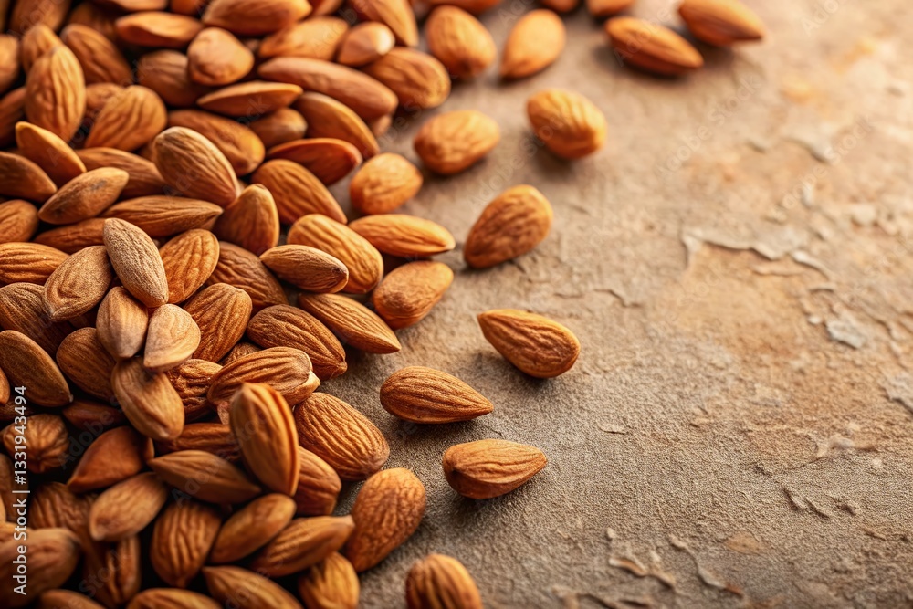 Scattered Almonds on Beige Background with Copy Space - Food Photography Scattered Almonds on Beige Background with Copy Space - Food Photography