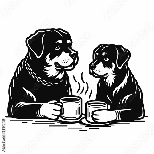 Rottweiler Dog Couple sharing a warm drink a minimalist vector outline drawing depicts loving canine companionship
