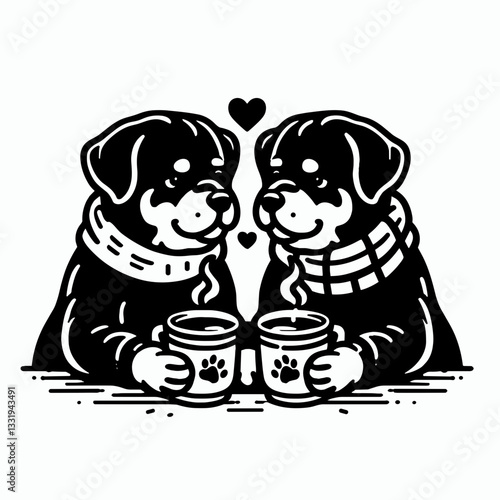 Rottweiler Dog Couple sharing a warm drink vector graphic a heartwarming winter scene of canine companionship