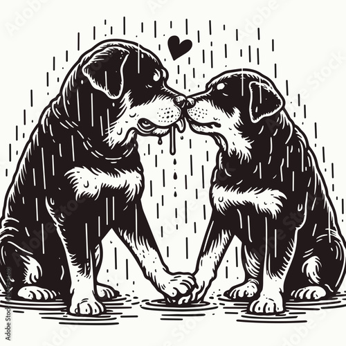 Rottweiler Dog Couple sharing a kiss in the rain minimalist vector graphic shows enduring love a stormy night