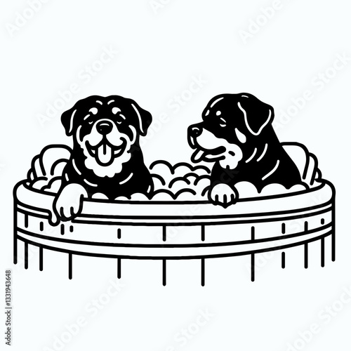 Rottweiler Dog Couple sharing a hot tub minimalist vector illustration depicts a loving canine pair relaxing