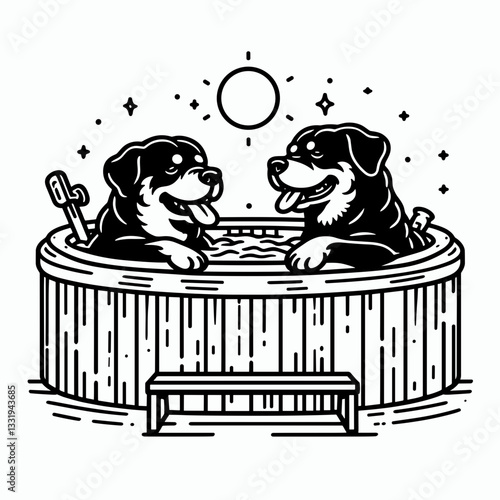 Rottweiler Dog Couple sharing a hot tub minimalist vector drawing shows two loyal companions relaxing