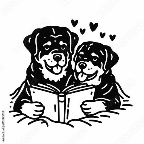 Rottweiler Dog Couple reading love stories vector illustration depicts a romantic canine pair enjoying a heartwarming tale
