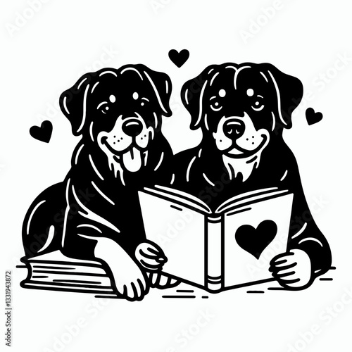 Rottweiler Dog Couple reading love stories vector illustration a romantic canine pair engrossed in a heartwarming tale.