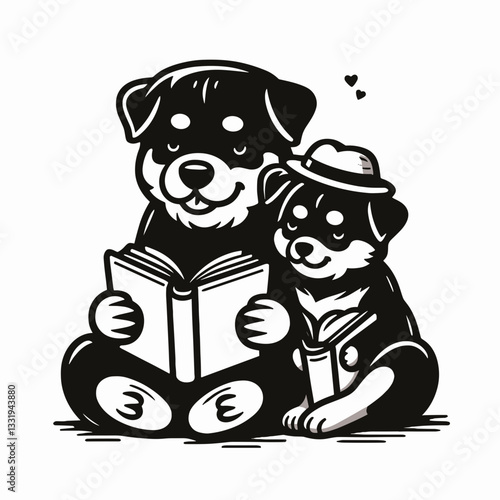 Rottweiler Dog Couple reading each others favorite book minimalist vector graphic depicts loyal love.