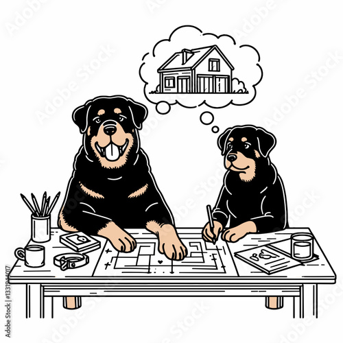 Rottweiler Dog Couple planning their dream house minimalist vector graphic showing their loyal love and perfect home.
