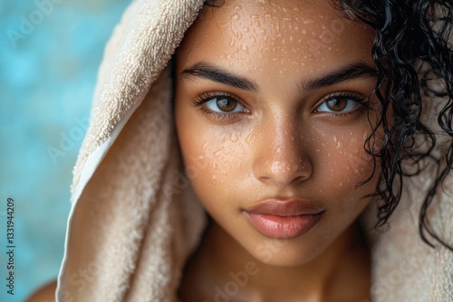 a close-up portrait of a beautiful woman with a towel on her head, glistening with sweat.