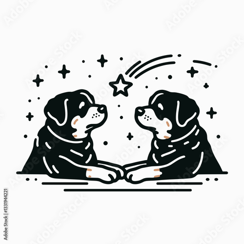 Rottweiler Dog Couple making a wish on a shooting star vector graphic simple monochrome silhouette a loyal pair hopes for a long life together