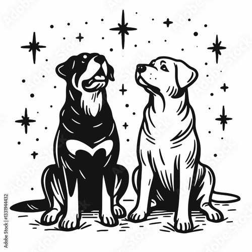 Rottweiler Dog Couple looking at the stars minimalist vector silhouette a loving canine pair gazing at the night sky.