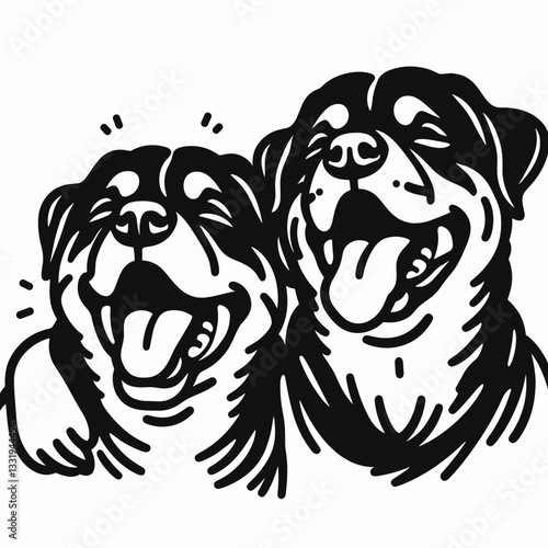 Rottweiler Dog Couple laughing together minimalist vector graphic shows playful pups enjoying a sunny day