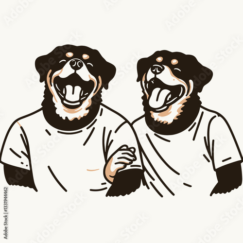 Rottweiler dog couple laughing together joyfully a minimalist vector drawing depicts playful canine affection