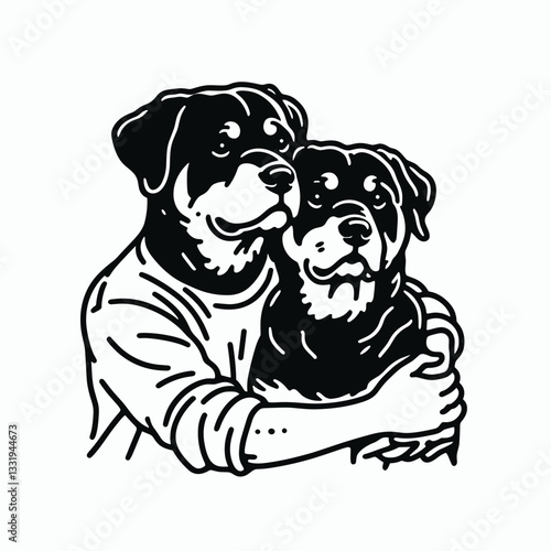 Rottweiler Dog Couple holding each other close minimalist vector drawing a loving canine pair