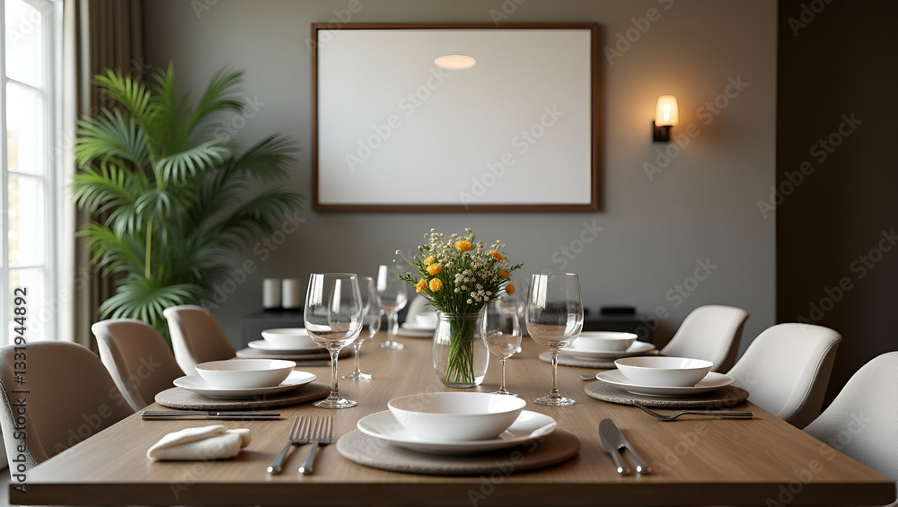 Elegant Home Dining Setup: Dining Table Arranged with Picture Frame on Wall - Perfect Decor for Your Dining Room | Photo Stock Concept with Empty Space on the Left Side Elegant Home Dining Setup: Dining Table Arranged with Picture Frame on Wall - Perfect Decor for Your Dining Room | Photo Stock Concept with Empty Space on the Left Side