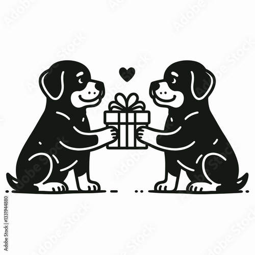 Rottweiler Dog Couple exchanging gifts vector illustration a heartwarming minimalist monochrome doodle.