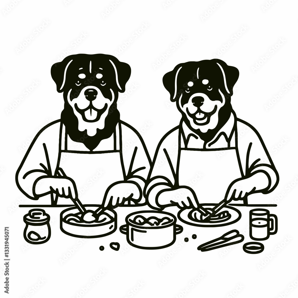 Rottweiler Dog Couple cooking dinner together a simple monochrome minimalist vector illustration of canine chefs preparing a delicious meal
