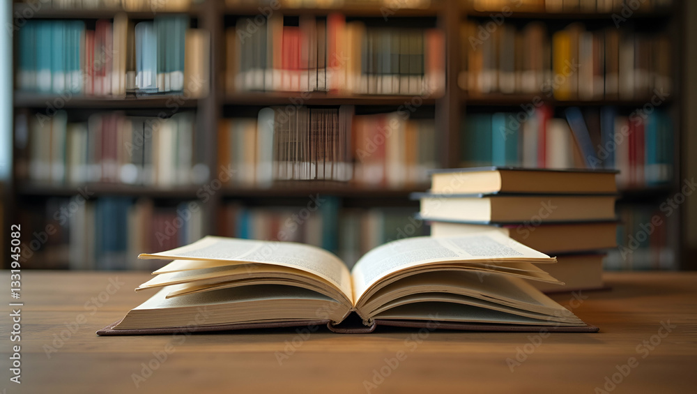 piles of books on table over blurred library background. concept as Piles of books on table with blurred library background illustrating academic study environment and organized book arrangement. in piles of books on table over blurred library background. concept as Piles of books on table with blurred library background illustrating academic study environment and organized book arrangement. in