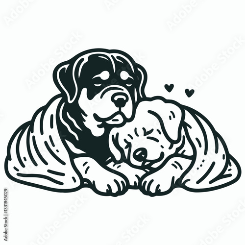 Rottweiler Dog Couple cuddling under a blanket a minimalist monochrome vector drawing shows love and affection