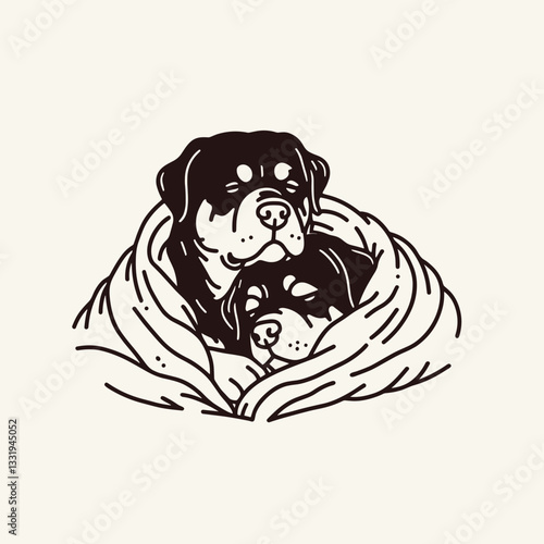 Rottweiler Dog Couple cuddling under a blanket a minimalist monochrome vector drawing shows love and affection.