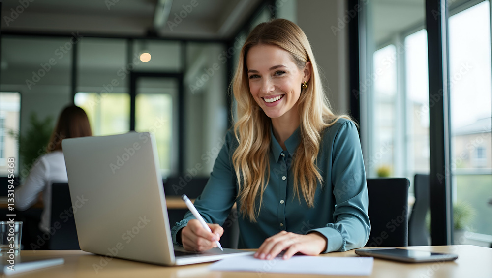 Smiling busy young professional businesswoman hr manager executive looking at laptop computer in office working sitting at desk. Woman employee having online meeting e learning at work writing notes. Smiling busy young professional businesswoman hr manager executive looking at laptop computer in office working sitting at desk. Woman employee having online meeting e learning at work writing notes.