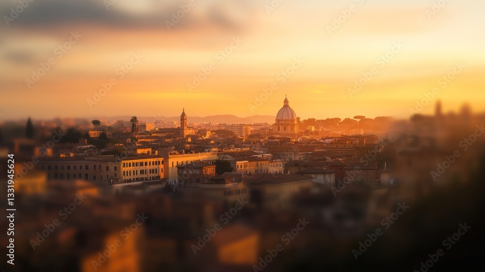 Fototapeta premium Golden sunset over cityscape, blurred background highlighting a dome-shaped building.