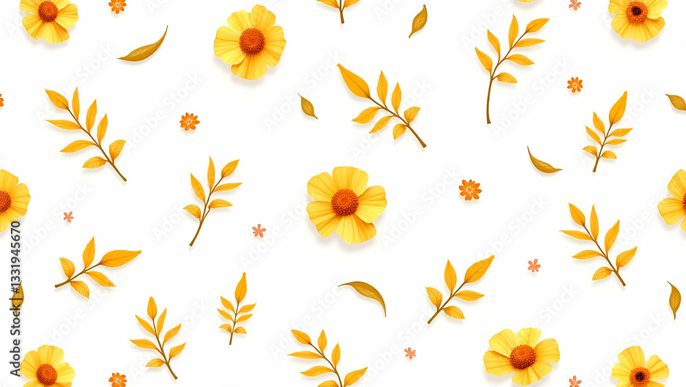 Botanical Calendula and Leaves Seamless Pattern on White Background: Perfect for Spring Textiles, Branding, and Packaging Designs with Space for Customization Botanical Calendula and Leaves Seamless Pattern on White Background: Perfect for Spring Textiles, Branding, and Packaging Designs with Space for Customization