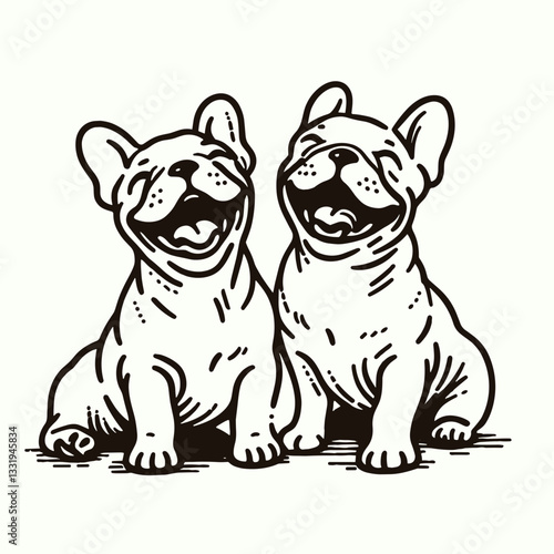 French Bulldog Couple laughing together minimalist vector illustration shows happy playful dogs