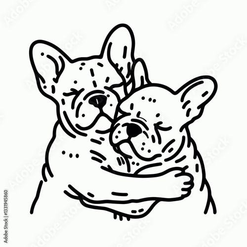 French Bulldog Couple hugging tightly in a simple monochrome minimalist vector outline drawing depicts love and affection