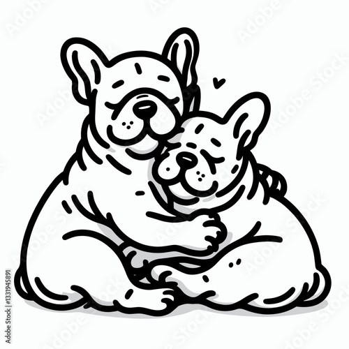 French Bulldog Couple hugging tightly a minimalist monochrome vector drawing of endearing love