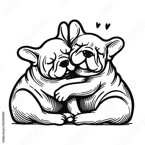 French Bulldog Couple hugging tightly a minimalist monochrome vector drawing depicts love and companionship