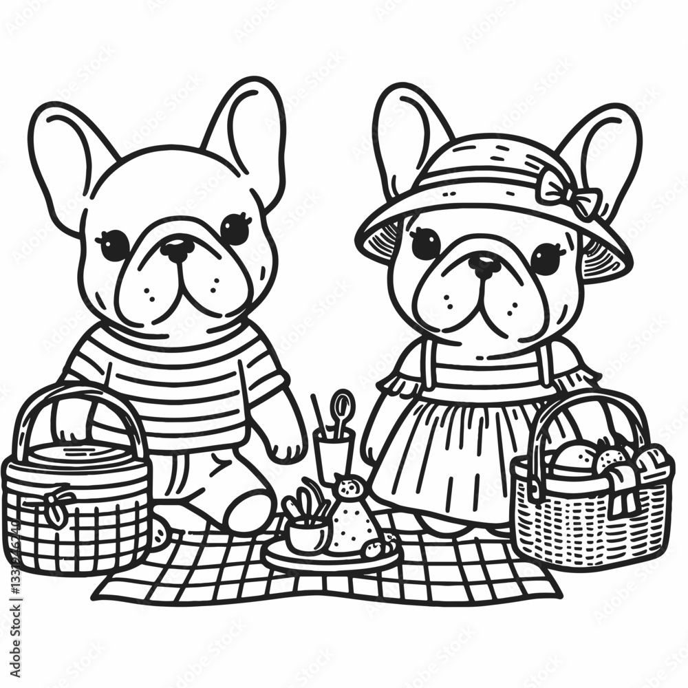 French Bulldog Couple going on a picnic: create a simple monochrome vector illustration of two happy Frenchies enjoying a sunny outdoor meal. French Bulldog Couple going on a picnic: create a simple monochrome vector illustration of two happy Frenchies enjoying a sunny outdoor meal.