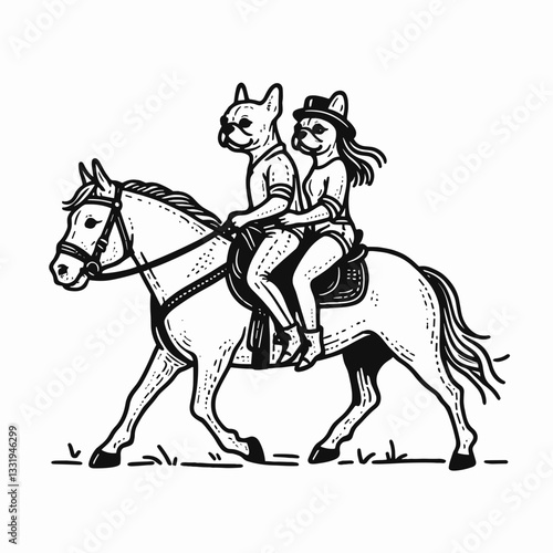 French Bulldog Couple going horseback riding a minimalist silhouette graphic depicting a fun day out
