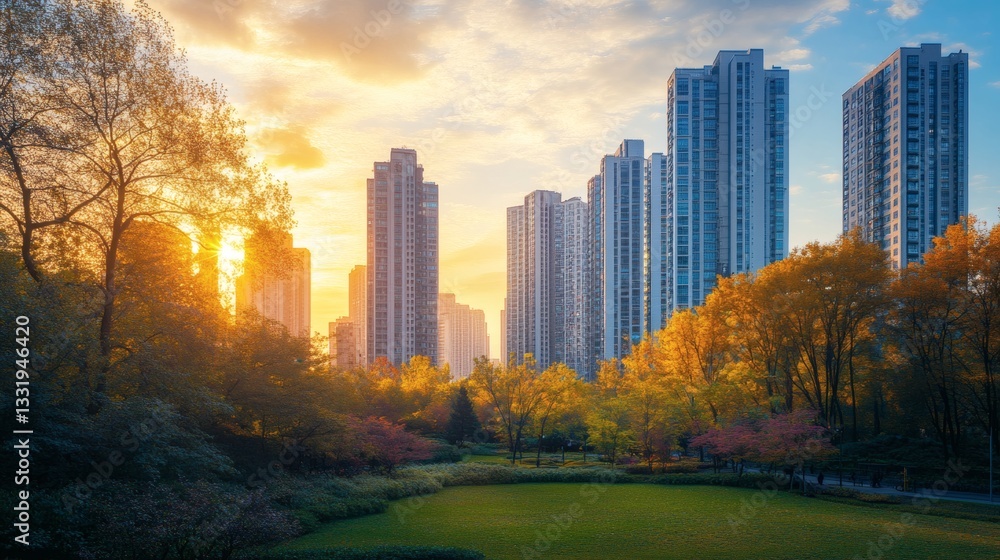 Fototapeta premium A scenic view of a park with tall buildings at sunset