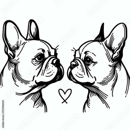 French Bulldog Couple gazing into each others eyes minimalist vector drawing a loving moment captured