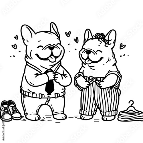 French Bulldog Couple getting dressed up for a fancy night out a simple monochrome vector graphic