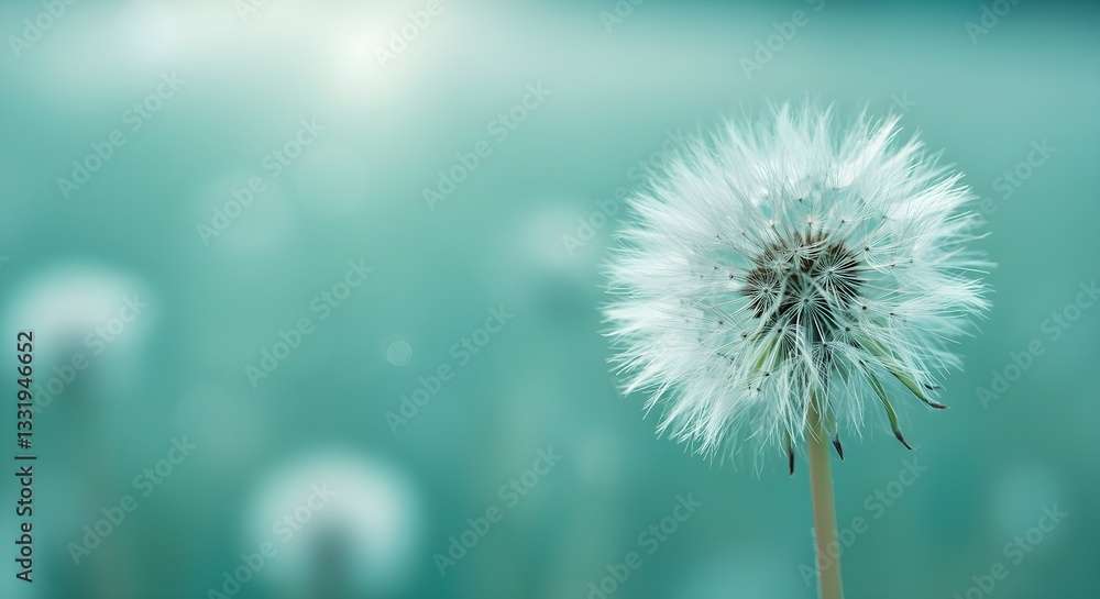Fototapeta premium A close-up of a dandelion puff against a soft, blurred teal background, evoking a serene and tranquil atmosphere.