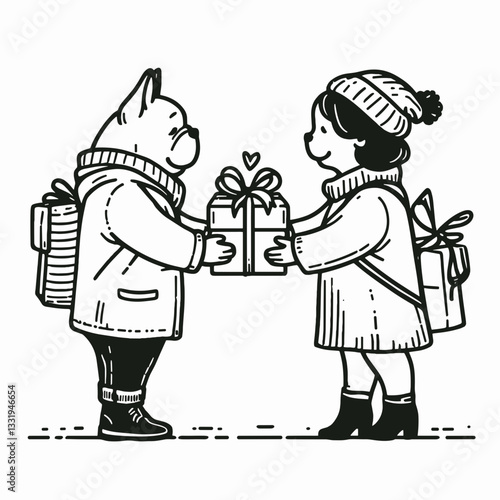 French Bulldog Couple exchanging gifts vector illustration shows a loving pair sharing presents a simple monochrome minimalist style