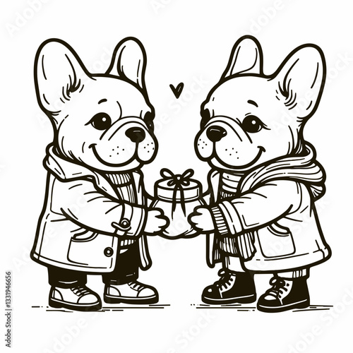 French Bulldog Couple exchanging gifts minimalist vector graphic shows love and affection