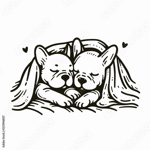French Bulldog Couple cuddling under a blanket a minimalist vector drawing depicts love and warmth