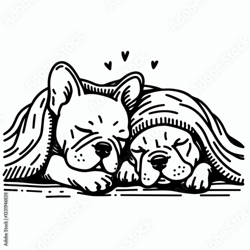 French Bulldog Couple cuddling under a blanket a minimalist vector outline drawing shows pure love and affection