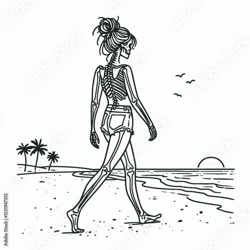 Female Skeleton messy bun walking on the beach a minimalist silhouette graphic, a skeletal stroll along the shore.
