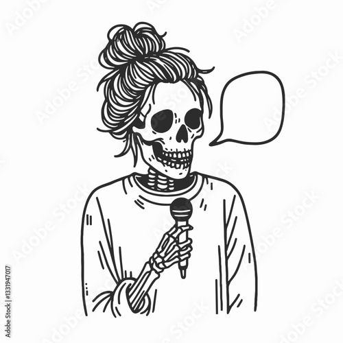 Female Skeleton messy bun telling jokes a minimalist vector drawing of a funny, bony comedian.