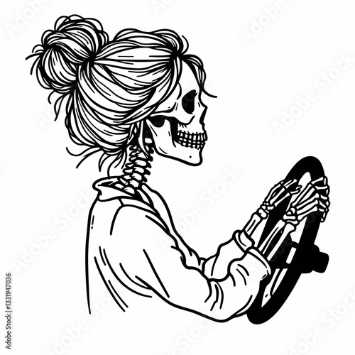 Female Skeleton messy bun taking a road trip minimalist vector graphic of a skull enjoying a highway adventure.