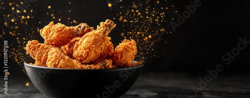 Crispy fried chicken drumsticks in bowl, dark background, food photography