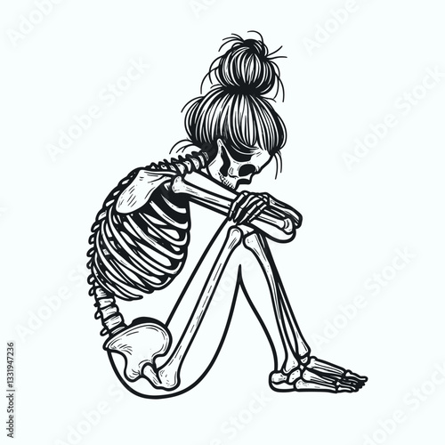 Female Skeleton messy bun sitting in silence; a minimalist vector outline drawing depicts her pensive stillness.