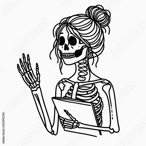 Female Skeleton messy bun vector outline drawing shares favorite spooky tunes a minimalist graphic silhouette.