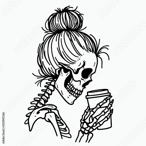 Female Skeleton messy bun sharing a warm drink a minimalist vector outline drawing shows cozy friendship.