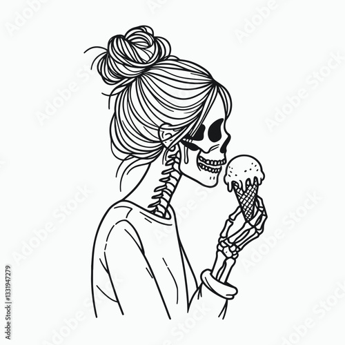 Female Skeleton messy bun sharing an ice cream vector graphic simple minimalist silhouette doodle a summer treat