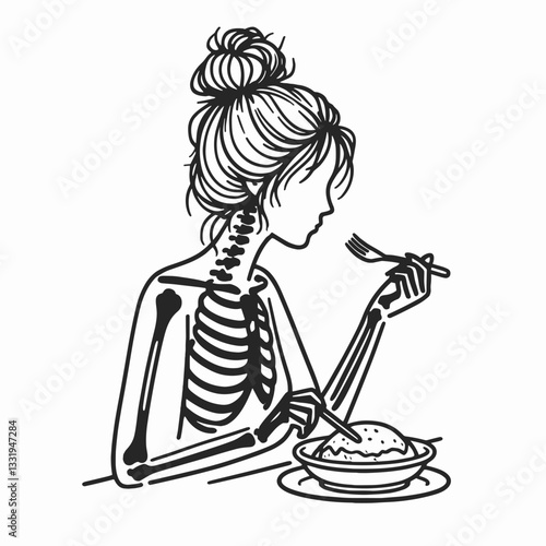 Female Skeleton messy bun sharing a meal a simple monochrome vector drawing depicts a spooky yet heartwarming scene
