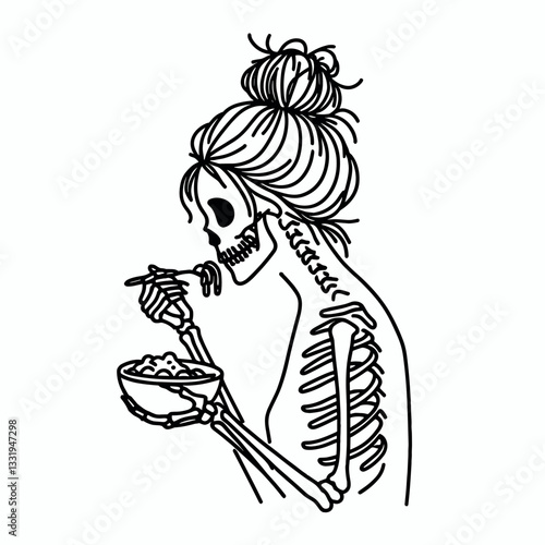 Female Skeleton messy bun sharing a meal vector graphic a simple monochrome minimalist silhouette doodle of a bony dame enjoying a repast.